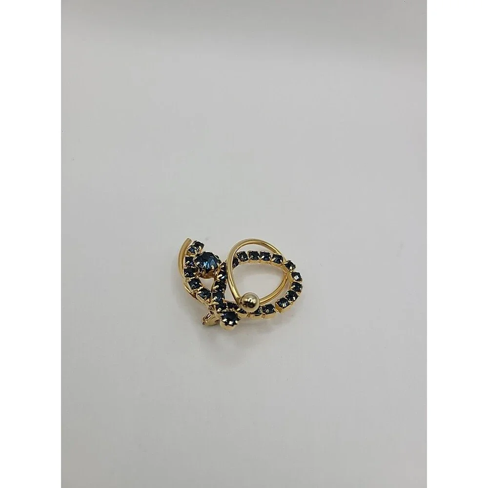 Blue Rhinestone Brooch Gold Tone Circle Swirl Vintage Style‎ Sapphire Color Pin